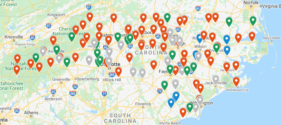 Map of NC with indicators to show where dental practices have shut down during COVID-19