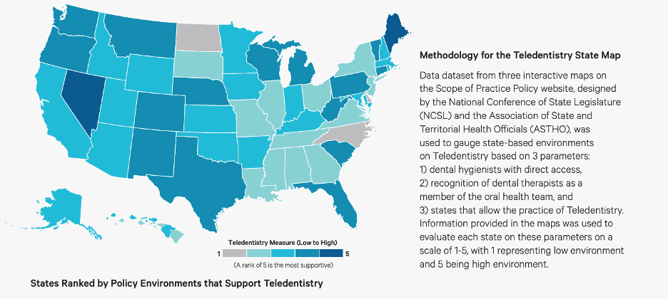 Map of states ranked by policy environments that support teledentistry; NC is one of 2 states with a rank of 1 out of 5, with 1 being the least supportive